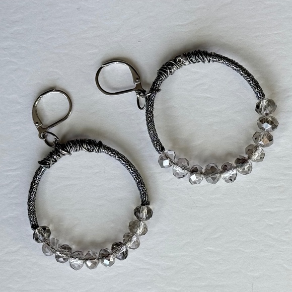 ZEVAR by TRESKA Earrings Bohemian Hoops Beaded Smokey Wire Wrap Silver - Picture 2 of 6